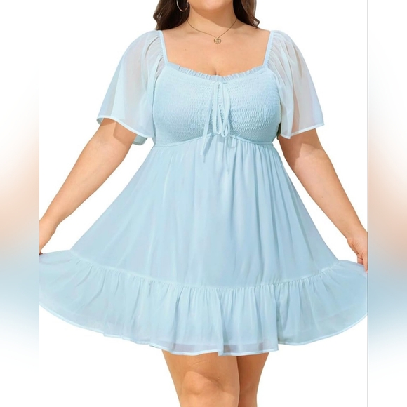 LILLUSORY Women's Flowy Casual Mini Dresses 2024 Summer Smocked V Neck Flutter - Picture 11 of 14